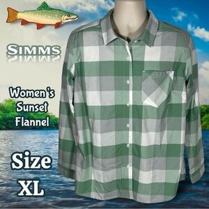 SIMMS Women’s Sunset Flannel Seafoam Buffalo Plaid Button Down Size Large